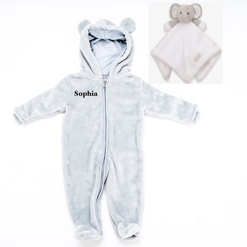 baby personalised pramsuit and elephant comforter gift set | personalised fleece pramsuit with elephant comforter | newborn personalised gift set | embroidered baby pramsuit gift bundle