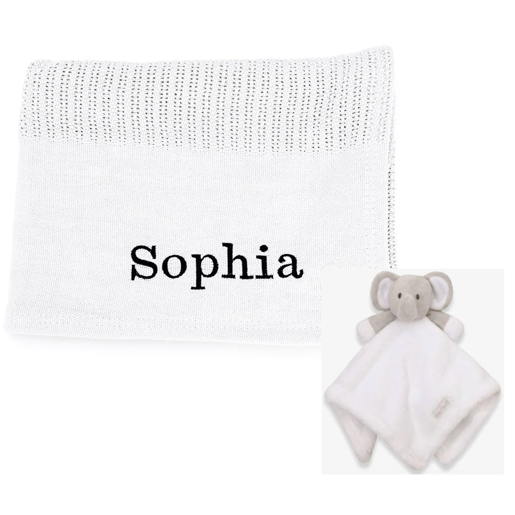 personalised baby blanket and elephant comforter gift set | luxury cellular blanket gift set for baby | personalised newborn blanket and comforter | elephant comforter and cotton baby blanket