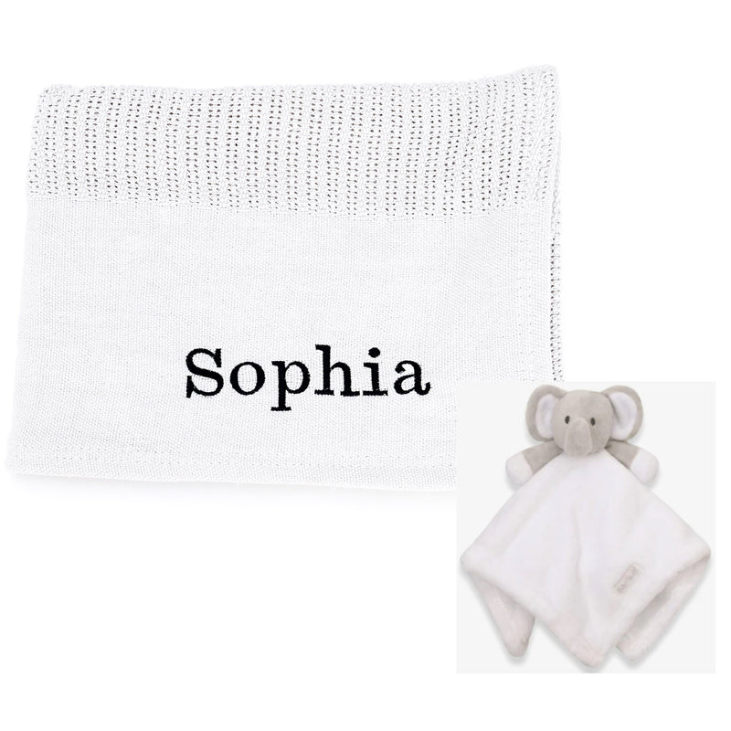 personalised baby blanket and elephant comforter gift set | luxury cellular blanket gift set for baby | personalised newborn blanket and comforter | elephant comforter and cotton baby blanket