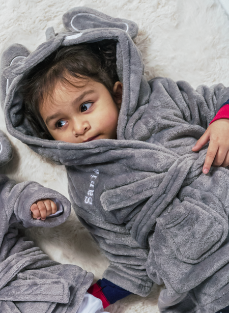 kids personalised elephant dressing gown | unisex elephant hooded dressing gown | personalised elephant robe for kids | embroidered elephant dressing gown
