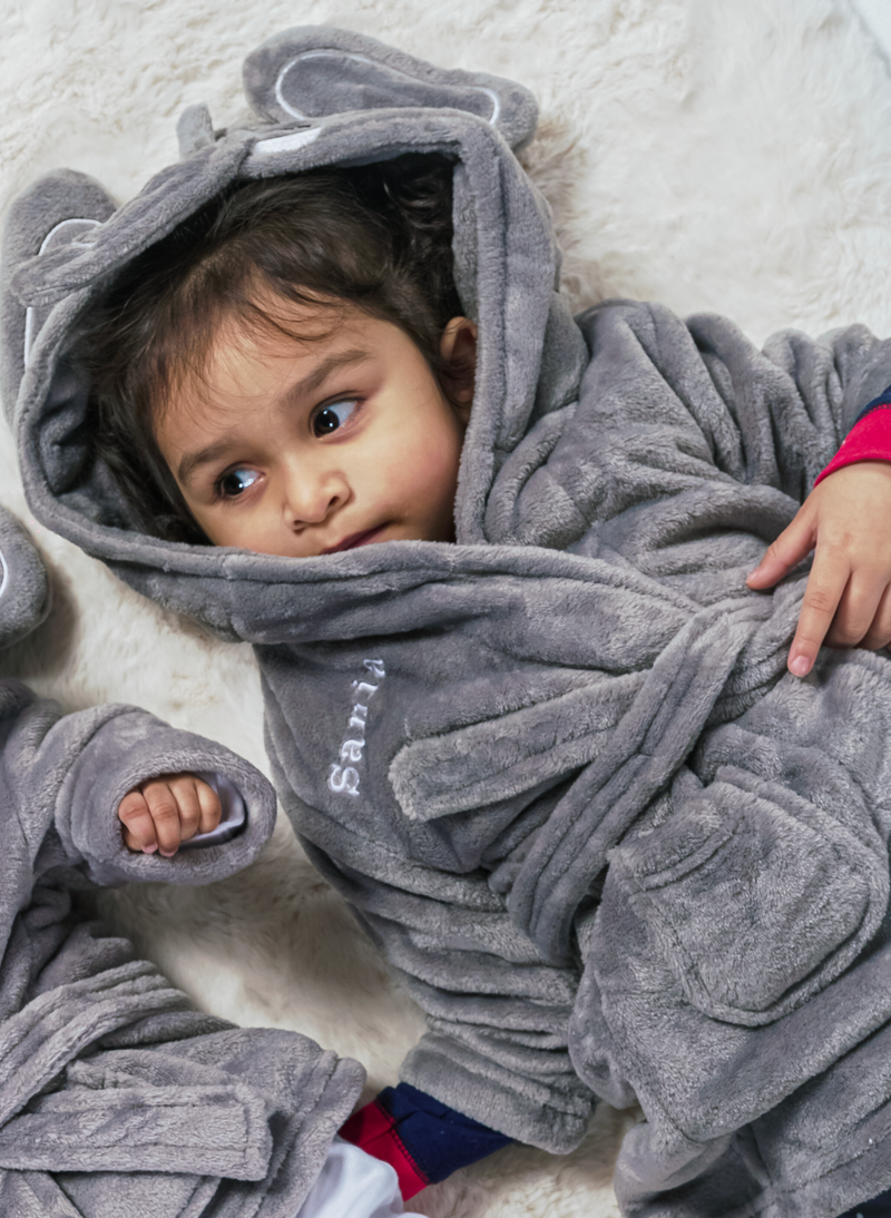 kids personalised elephant dressing gown | unisex elephant hooded dressing gown | personalised elephant robe for kids | embroidered elephant dressing gown