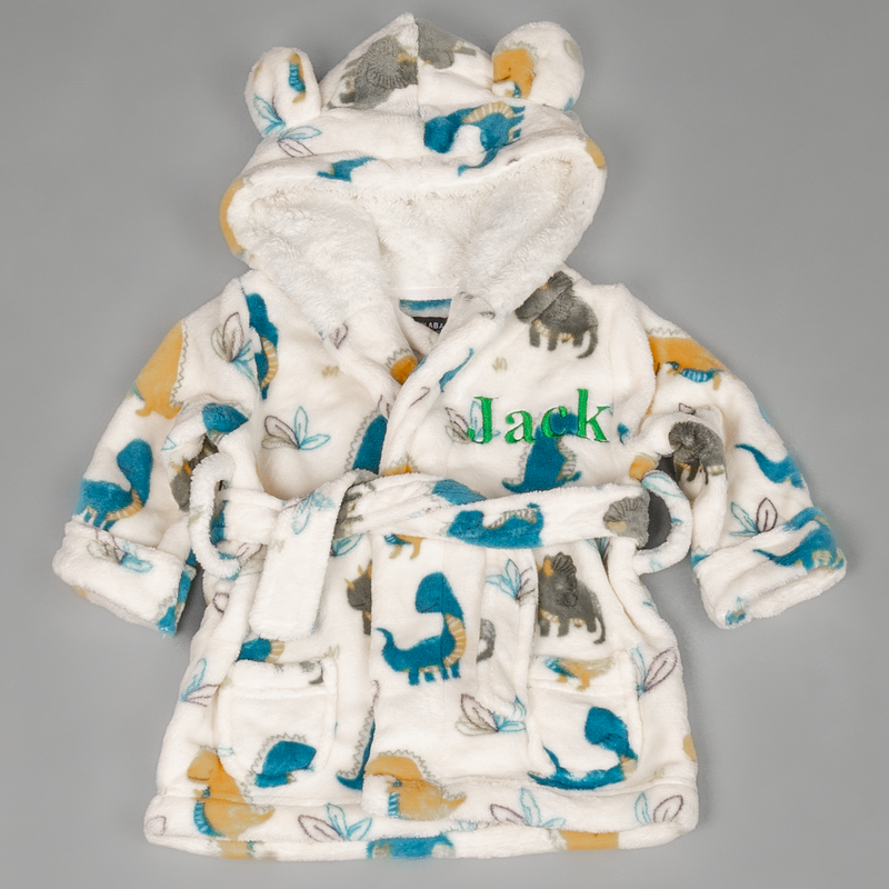 baby boy personalised dinosaur dressing gown | dinosaur print hooded dressing gown for baby | embroidered dinosaur baby robe | personalised dinosaur fleece dressing gown