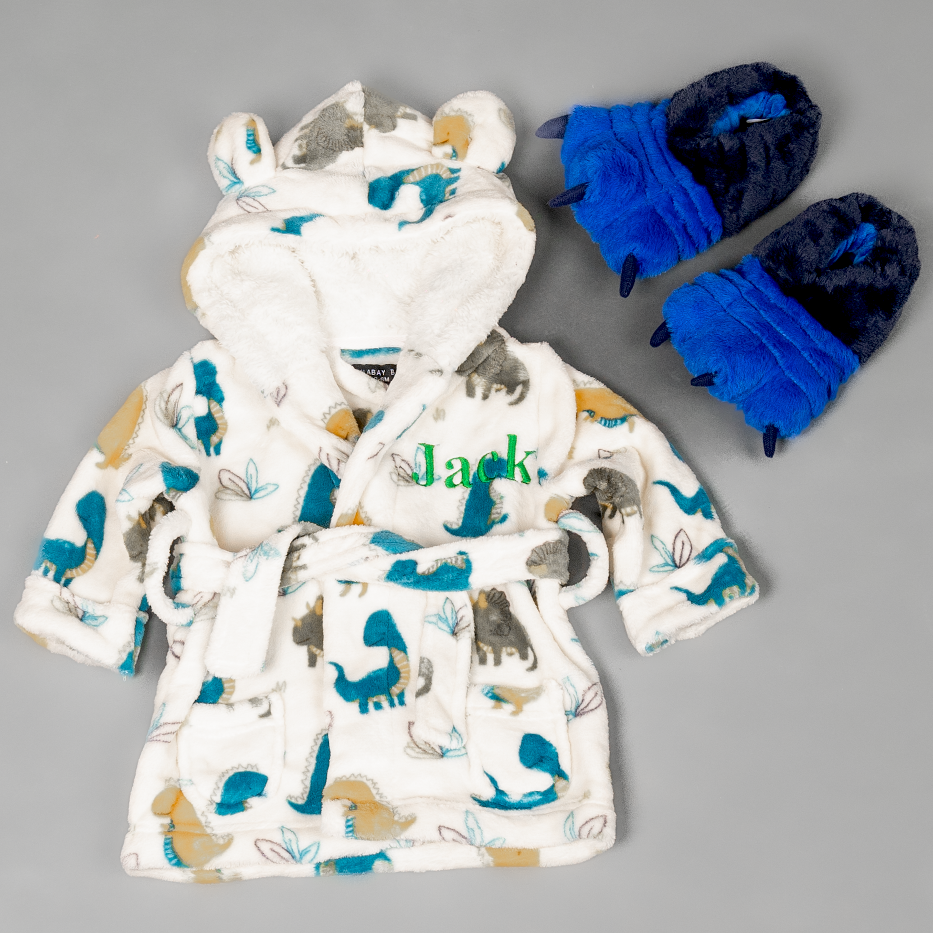 Lulabay baby boys personalised dinosaur dressing gown and monster slippers gift set