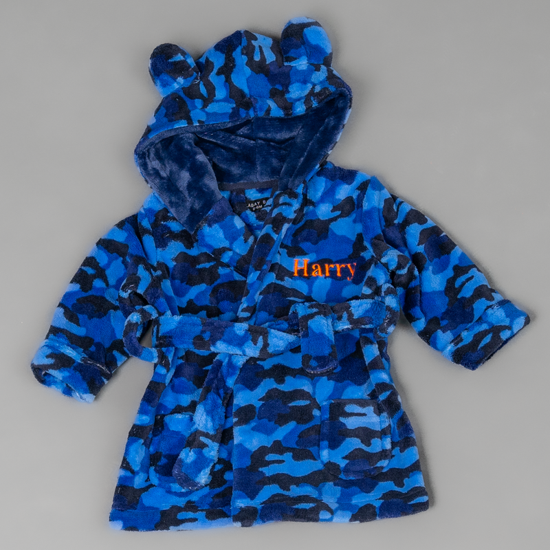 baby personalised camo print dressing gown | personalised camouflage hooded robe for baby | baby fleece camo dressing gown | embroidered camo baby dressing gown