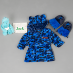 Load image into Gallery viewer, Lulabay boys 3 piece personalised Camo dressing gown, slippers and dino toy gift set
