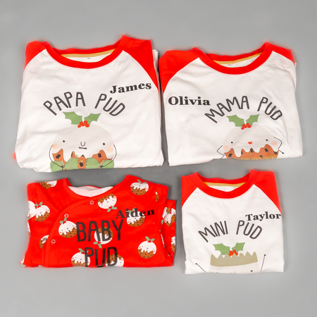 baby personalised Christmas pudding sleepsuit | personalised baby pud sleepsuit | family matching Christmas pudding baby sleepsuit | cotton Christmas baby sleepsuit