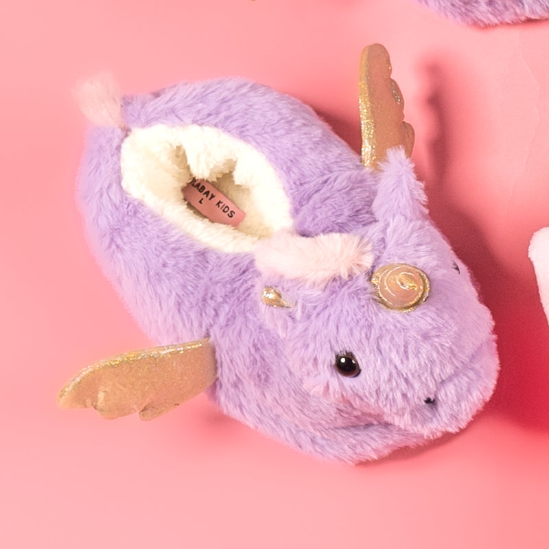 girls personalised unicorn slippers | unicorn faux fur slippers for girls | personalised unicorn cosy slippers | girls lilac unicorn slippers