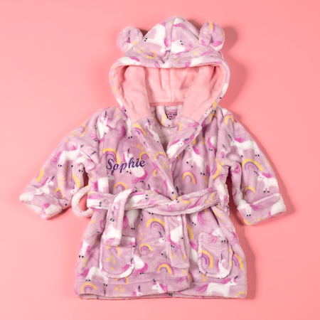 baby girl personalised unicorn dressing gown | personalised unicorn print hooded robe | embroidered baby unicorn dressing gown | unicorn hooded dressing gown for baby girl