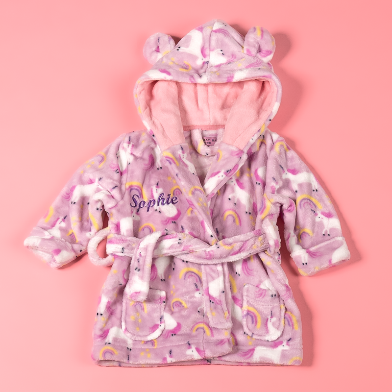 baby girl personalised unicorn dressing gown | personalised unicorn print hooded robe | embroidered baby unicorn dressing gown | unicorn hooded dressing gown for baby girl
