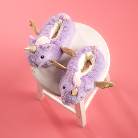 girls personalised unicorn slippers | unicorn faux fur slippers for girls | personalised unicorn cosy slippers | girls lilac unicorn slippers