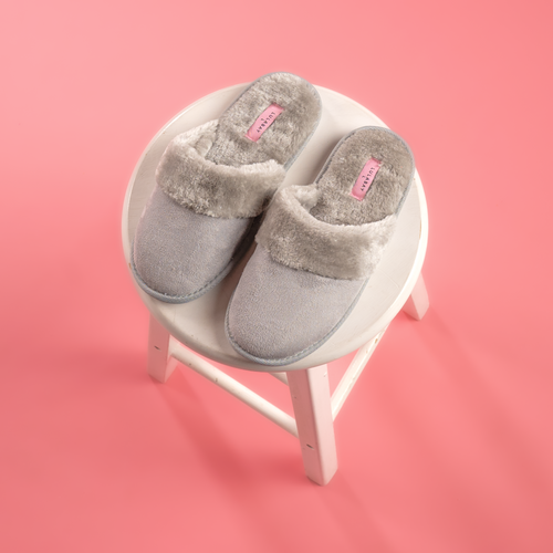 Lulabay faux suede slippers | light grey faux suede slippers | faux suede slippers with faux fur lining
