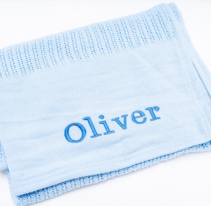 personalised cellular baby blanket | luxury knitted baby blanket | personalised cotton baby blanket | embroidered baby cellular blanket
