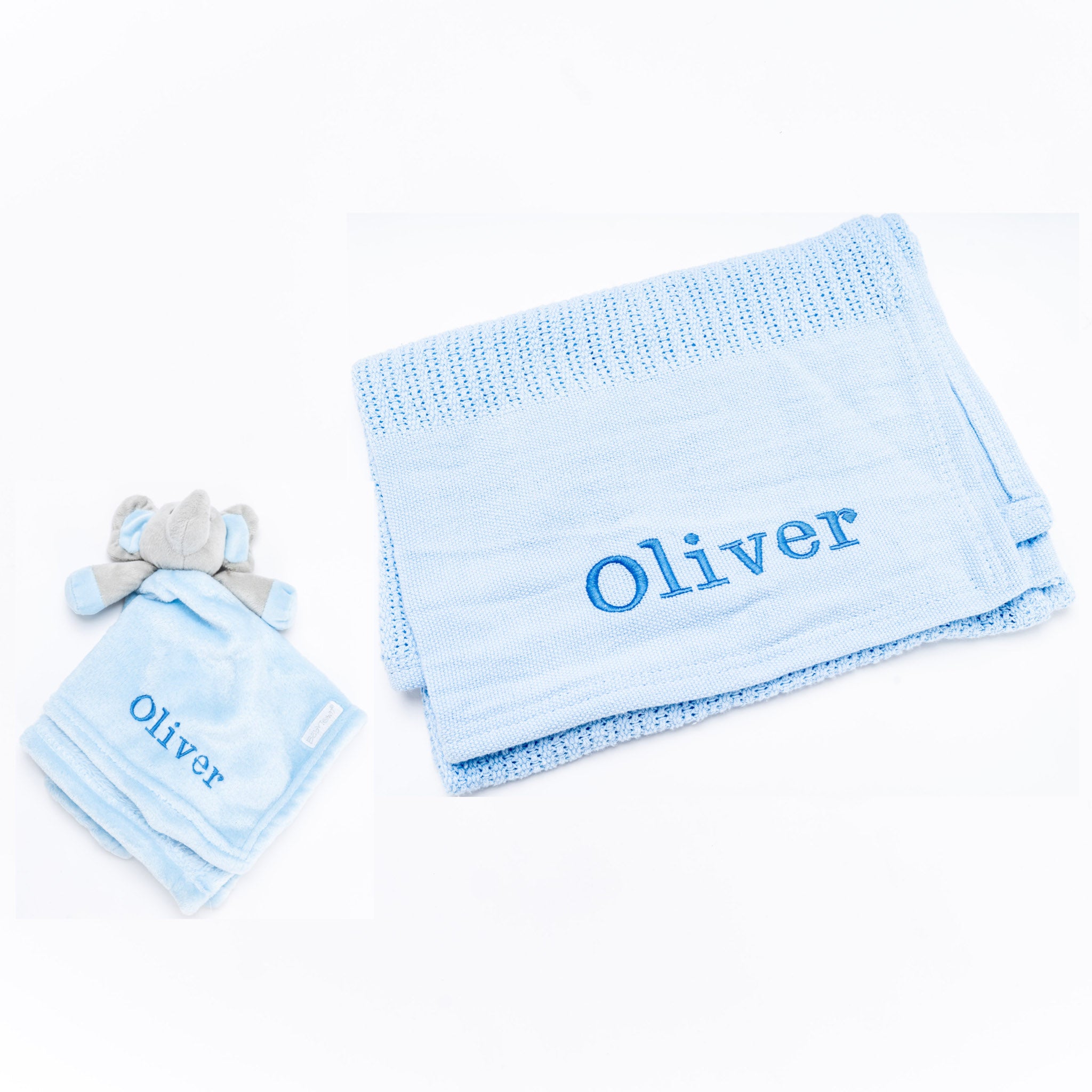 Babies personalised luxury heavy knit cellular panel blanket and elephant comforter gift set