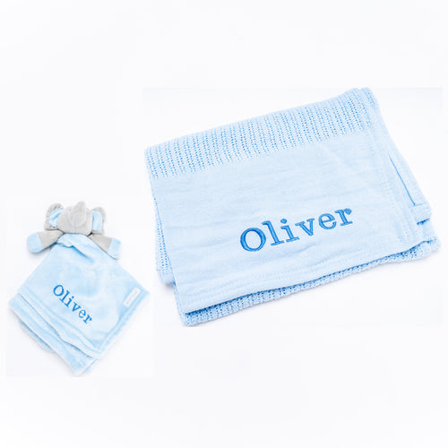 Babies personalised luxury heavy knit cellular panel blanket and elephant comforter gift set