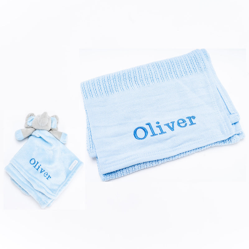 personalised baby blanket and elephant comforter gift set | luxury cellular blanket gift set for baby | personalised newborn blanket and comforter | elephant comforter and cotton baby blanket