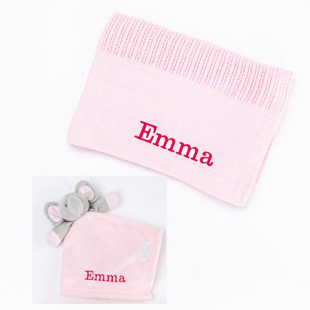 personalised baby blanket and elephant comforter gift set | luxury cellular blanket gift set for baby | personalised newborn blanket and comforter | elephant comforter and cotton baby blanket