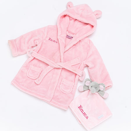 personalised baby dressing gown gift set | baby dressing gown and elephant comforter | personalised newborn gift set | embroidered baby robe and comforter