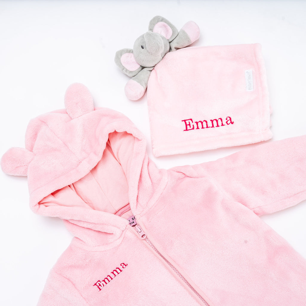 baby personalised pramsuit and elephant comforter gift set | personalised fleece pramsuit with elephant comforter | newborn personalised gift set | embroidered baby pramsuit gift bundle