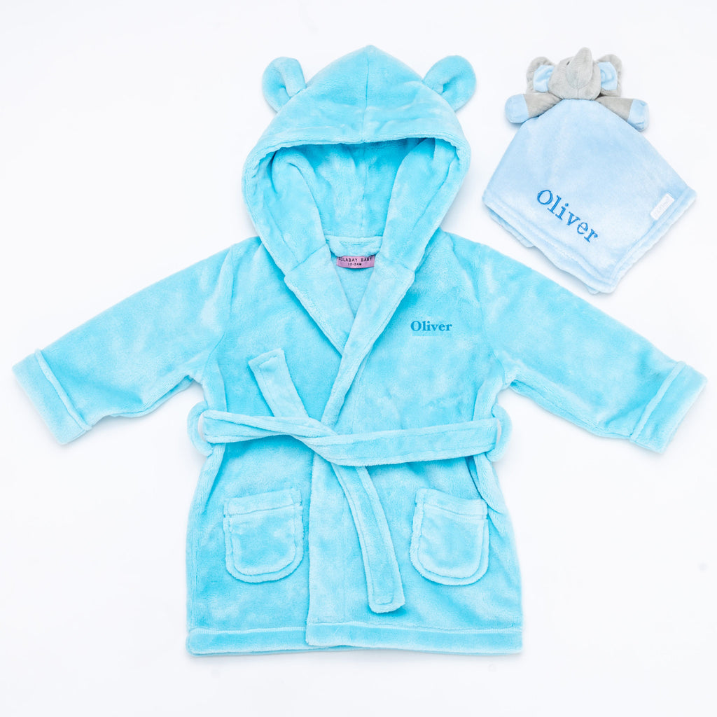 personalised baby dressing gown gift set | baby dressing gown and elephant comforter | personalised newborn gift set | embroidered baby robe and comforter