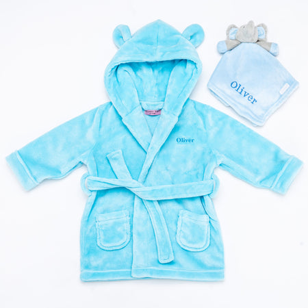 personalised baby dressing gown gift set | baby dressing gown and elephant comforter | personalised newborn gift set | embroidered baby robe and comforter