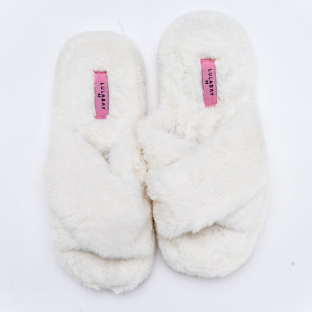 faux fur cross over slippers | cream faux fur cross over slippers | Lulabay faux fur slider slippers