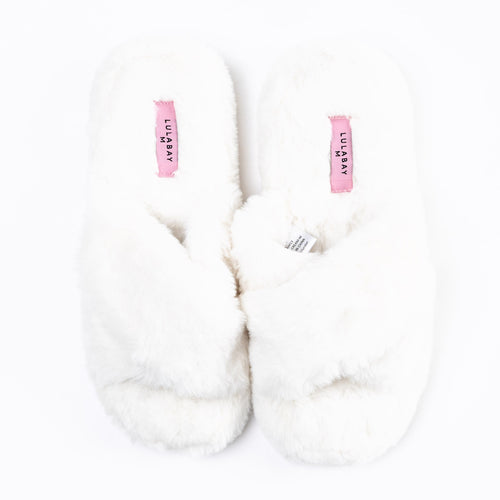 faux fur cross over slippers | cream faux fur cross over slippers | Lulabay faux fur slider slippers