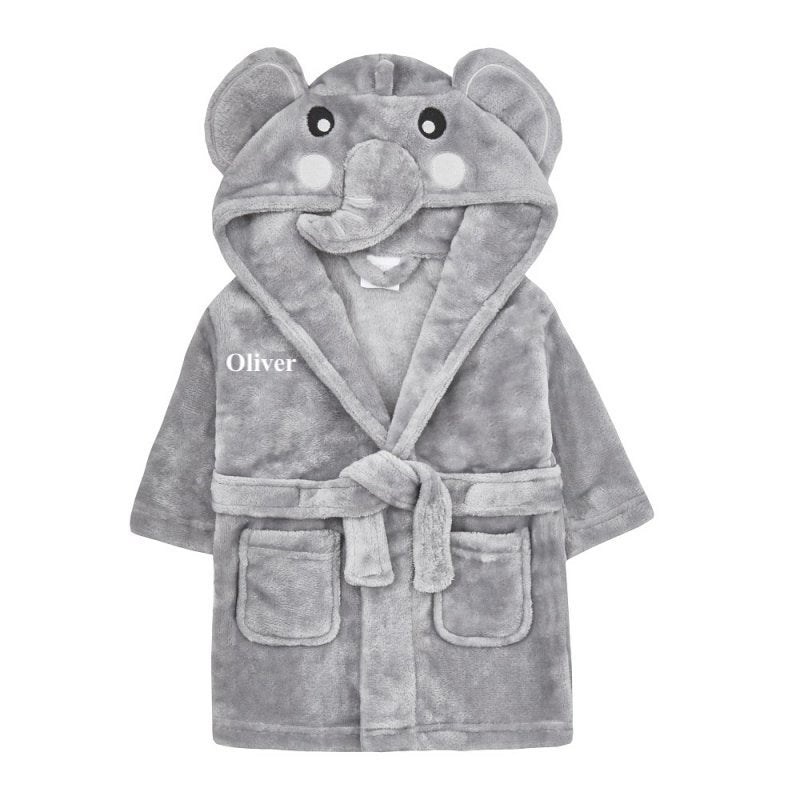 kids personalised elephant dressing gown | unisex elephant hooded dressing gown | personalised elephant robe for kids | embroidered elephant dressing gown