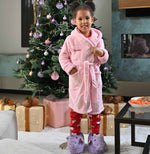 Load image into Gallery viewer, Girls plush maxi personalised dressing gown in a luxurious Light Pink colour. Made from super soft thick fabric, maxi length, large hood to the back and adjustable tie around the waist. Complete with a special touch of personalisation to the chest - this is embroidered especially for you. Making the perfect personalised gift for children. 
