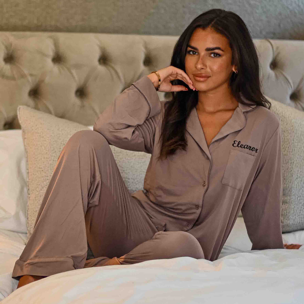 Personalised ladies’ pyjamas with custom name printed on a soft jersey set, featuring a relaxed fit button up top and matching bottoms, ideal for gifting or comfortable sleepwear. Available in beautiful soft Mink colour. 