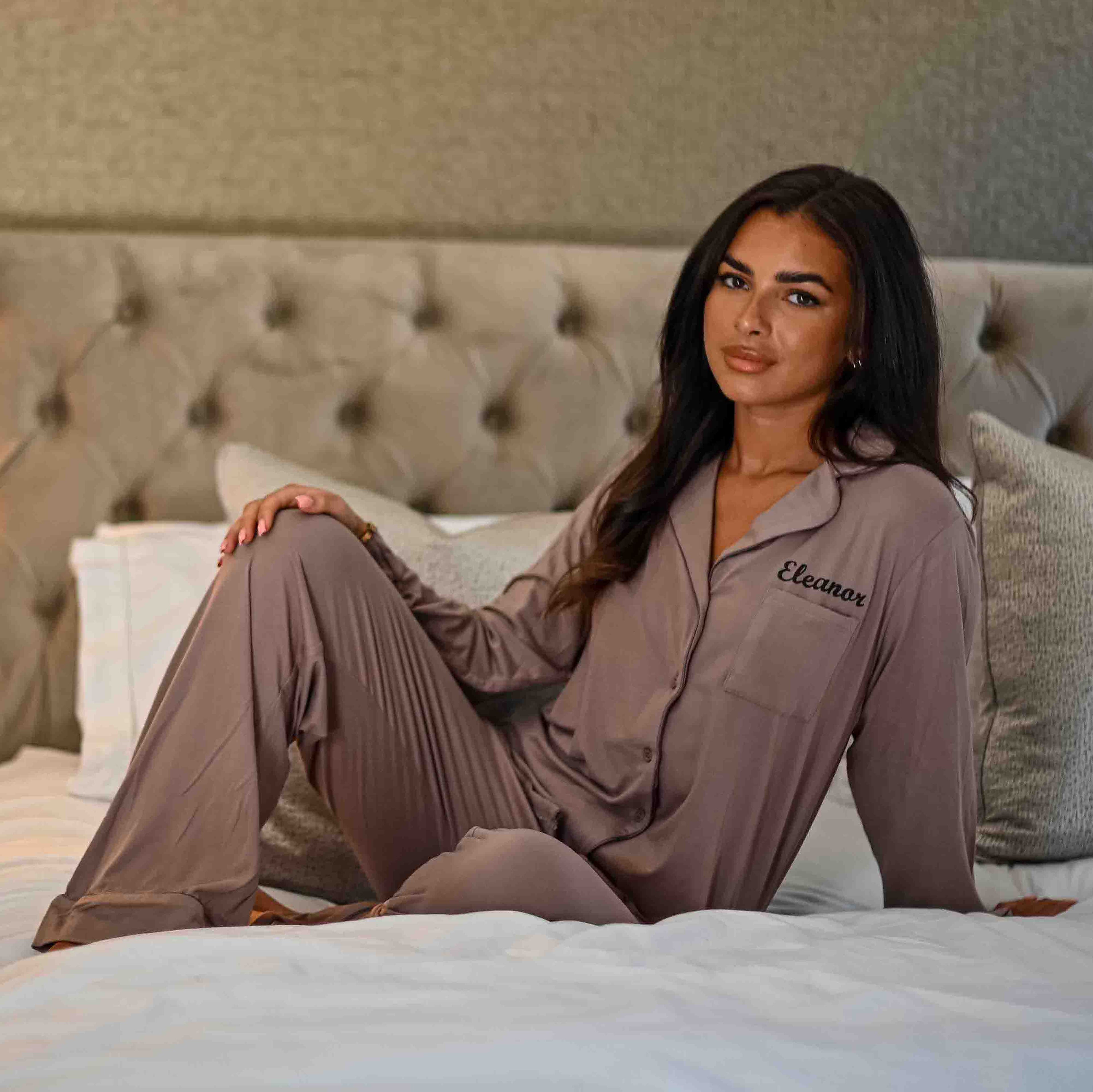 Personalised ladies’ pyjamas with custom name printed on a soft jersey set, featuring a relaxed fit button up top and matching bottoms, ideal for gifting or comfortable sleepwear. Available in beautiful soft Mink colour. 