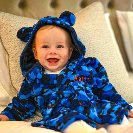 baby personalised camo print dressing gown | personalised camouflage hooded robe for baby | baby fleece camo dressing gown | embroidered camo baby dressing gown
