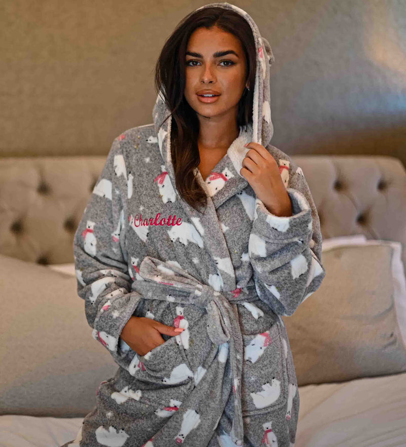 personalised hooded polar bear dressing gown | personalised polar bear print dressing gown | personalised teddy ear dressing gown