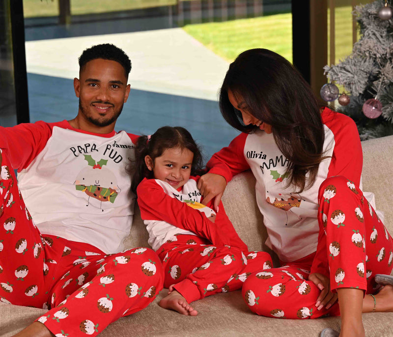kids personalised MINI PUD Christmas pyjamas | unisex family matching Christmas pudding pyjamas | personalised Christmas pudding pyjama set for kids | MINI PUD Christmas pyjamas for children
