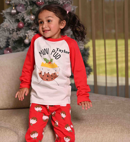 kids personalised MINI PUD Christmas pyjamas | unisex family matching Christmas pudding pyjamas | personalised Christmas pudding pyjama set for kids | MINI PUD Christmas pyjamas for children