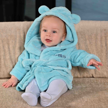 baby boy personalised teddy bear dressing gown | teddy bear ear hooded dressing gown for baby | embroidered baby boy fleece robe | personalised teddy hooded bathrobe
