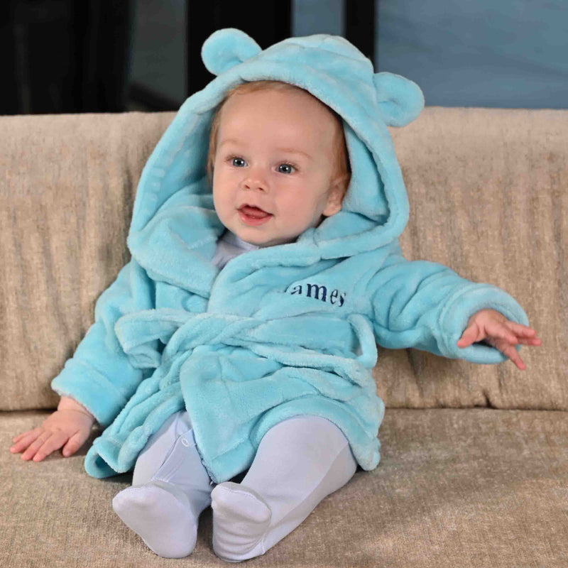 baby boy personalised teddy bear dressing gown | teddy bear ear hooded dressing gown for baby | embroidered baby boy fleece robe | personalised teddy hooded bathrobe