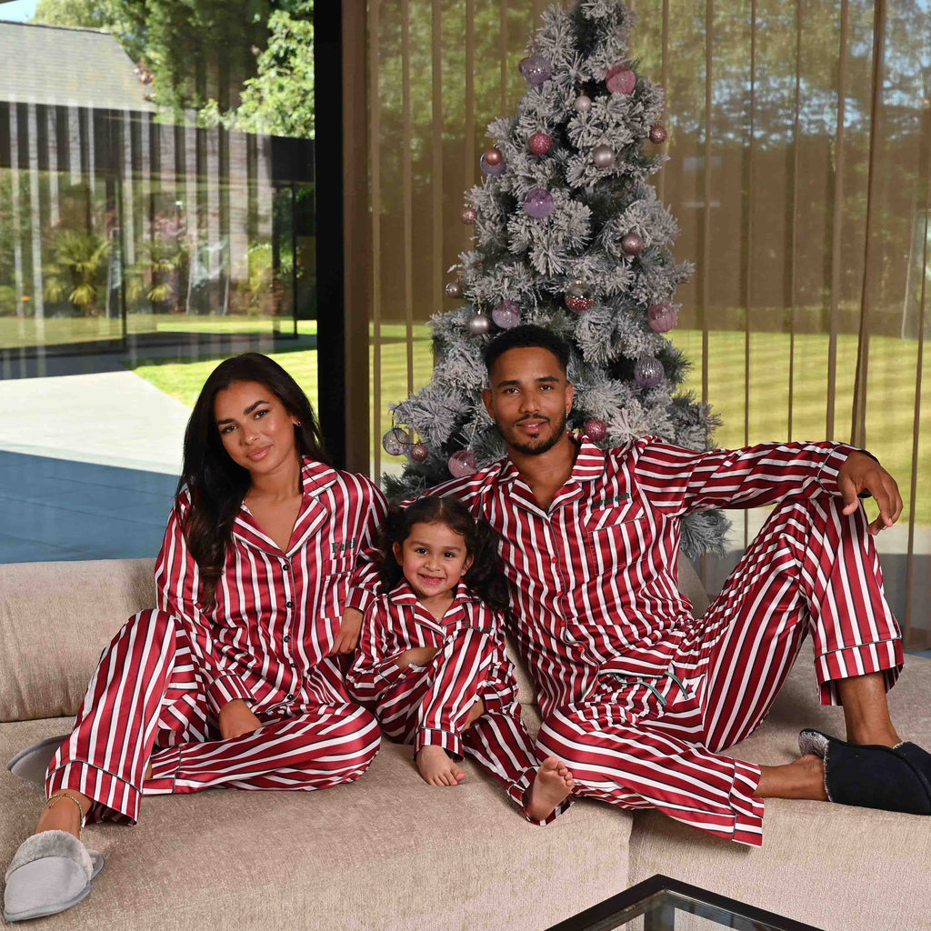 Kids unisex personalised family stripe satin pyjamas