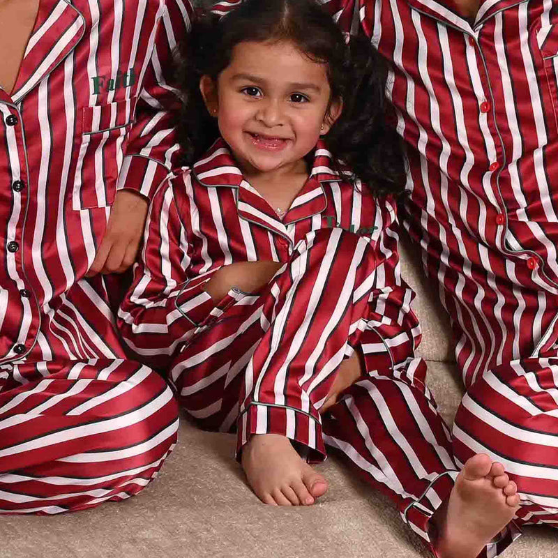 kids personalised stripe satin pyjama set | unisex personalised satin pyjamas for kids | matching family satin pyjamas | personalised kids satin sleepwear