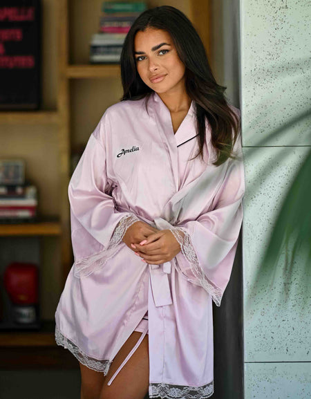 personalised satin lace robe women | personalised satin lace robe pink women (change according to colour image)
