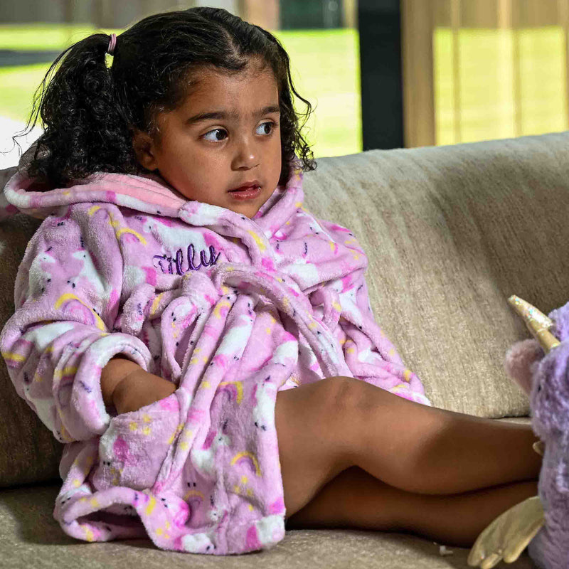 baby girl personalised unicorn dressing gown | personalised unicorn print hooded robe | embroidered baby unicorn dressing gown | unicorn hooded dressing gown for baby girl