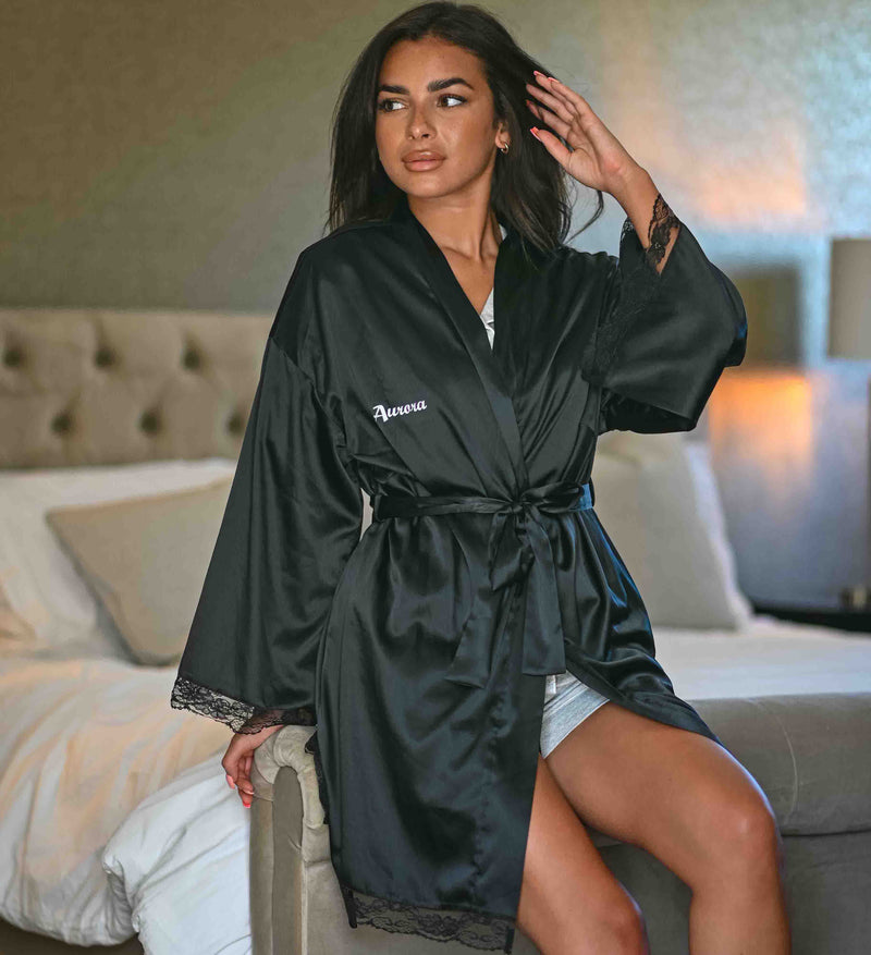 personalised satin lace robe women | personalised satin lace robe pink women (change according to colour image)
