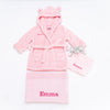 baby personalised dressing gown gift set | elephant comforter and cotton blanket gift set | personalised newborn gift bundle | baby dressing gown and elephant toy set