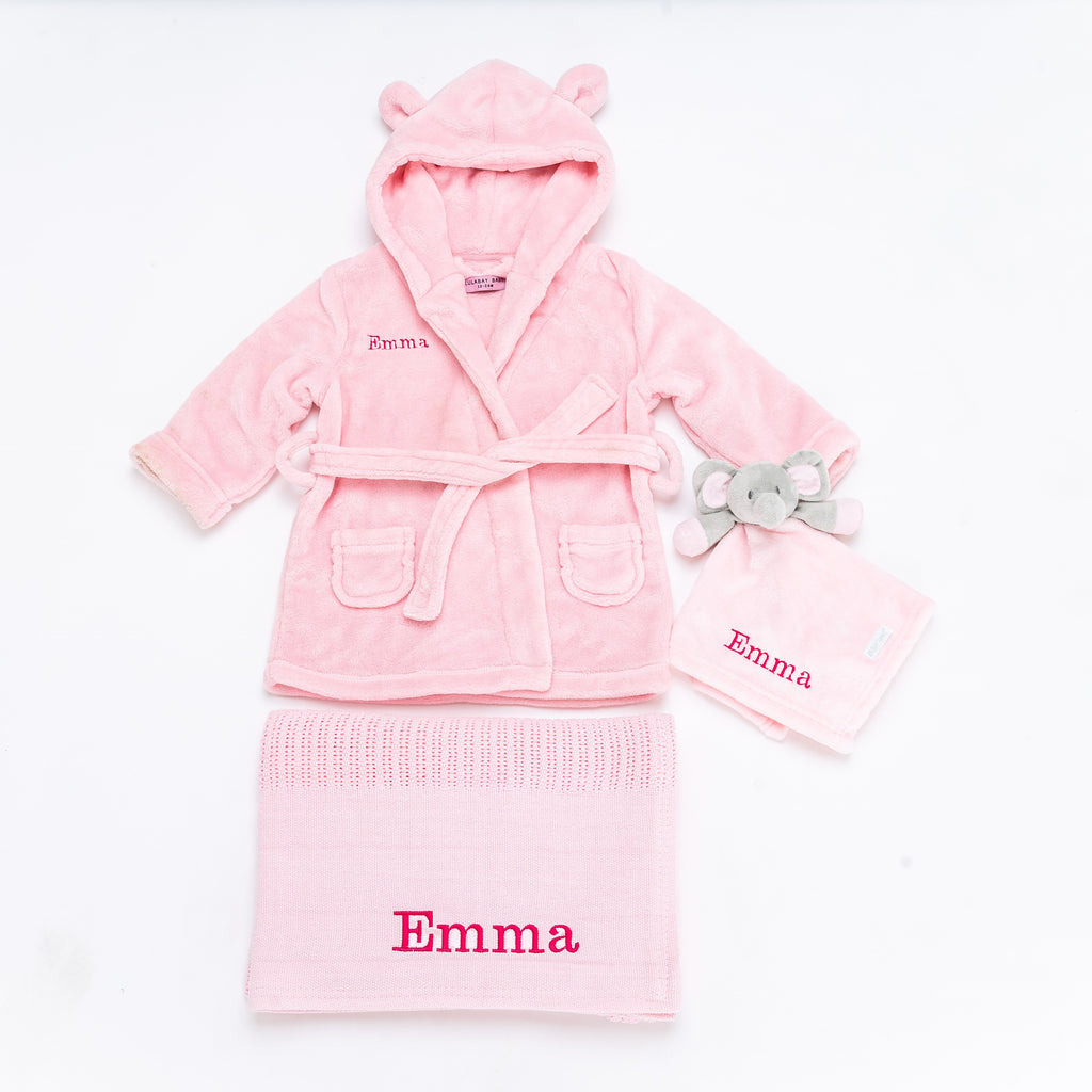 baby personalised dressing gown gift set | elephant comforter and cotton blanket gift set | personalised newborn gift bundle | baby dressing gown and elephant toy set