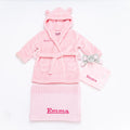 Babies unisex personalised dressing gown, elephant comforter and cotton blanket gift set