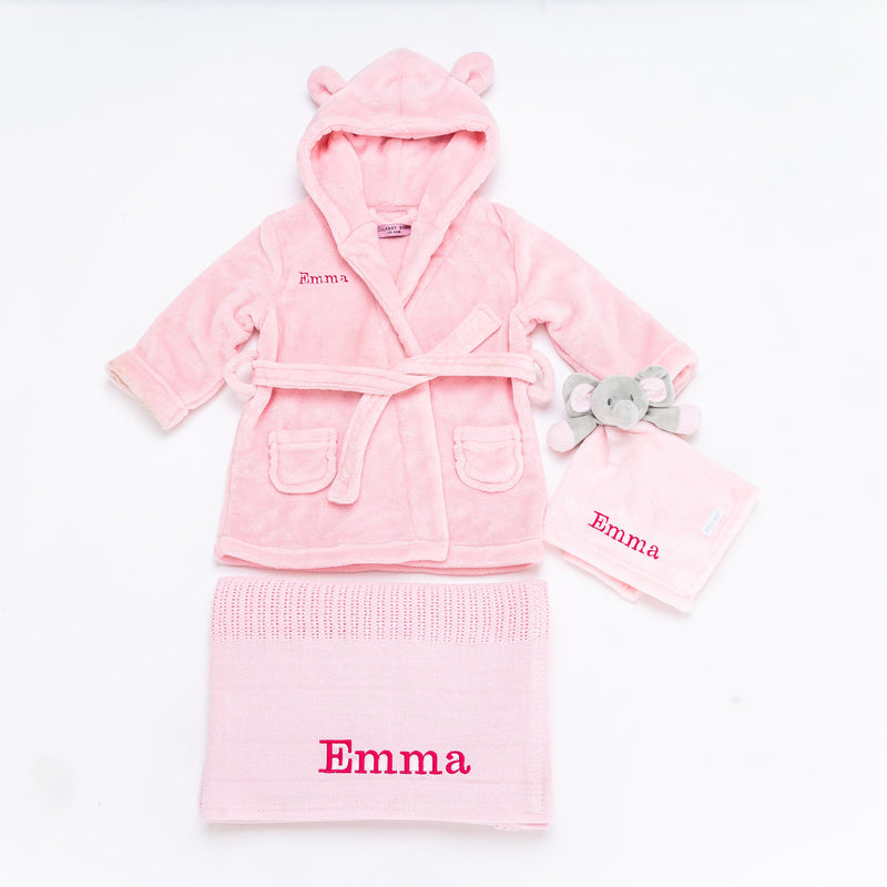 baby personalised dressing gown gift set | elephant comforter and cotton blanket gift set | personalised newborn gift bundle | baby dressing gown and elephant toy set