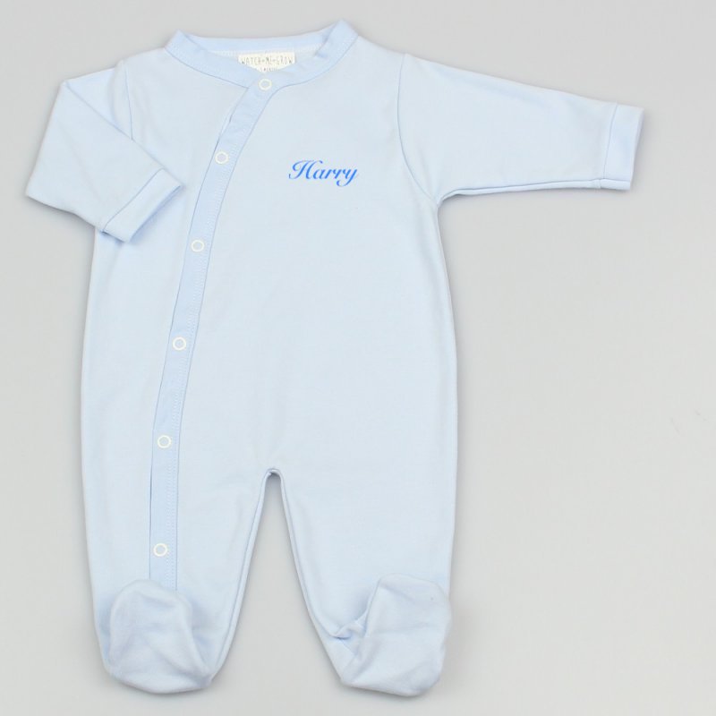 baby personalised name sleepsuit | personalised cotton baby sleepsuit | custom baby sleepsuit with name | embroidered style personalised baby grow