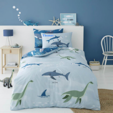 boys personalised dino shark duvet set | personalised dinosaur shark bedding | personalised single duvet set for boys | dino shark bedding with personalised pillowcase