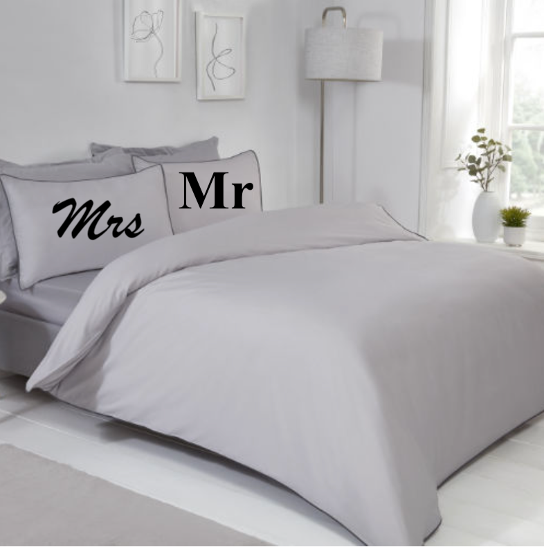 mr and mrs personalised bedding set | personalised contrast piped duvet set | personalised couples bedding | personalised pillowcase bedding set