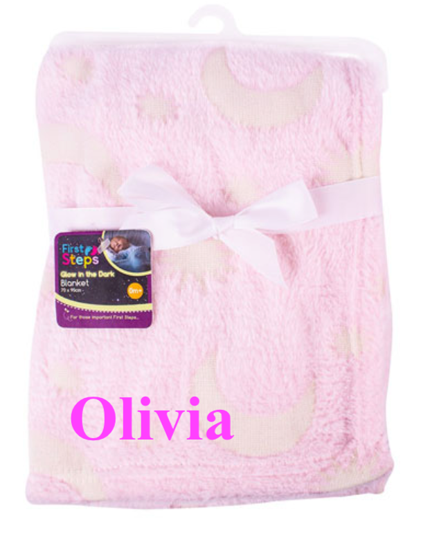 baby girls personalised moon and stars blanket | glow in the dark baby blanket | personalised moon and stars throw