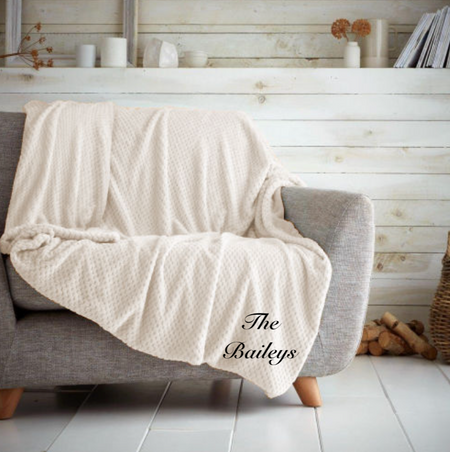 luxury personalised popcorn throw | personalised coral fleece blanket | embroidered popcorn throw | luxury personalised blanket